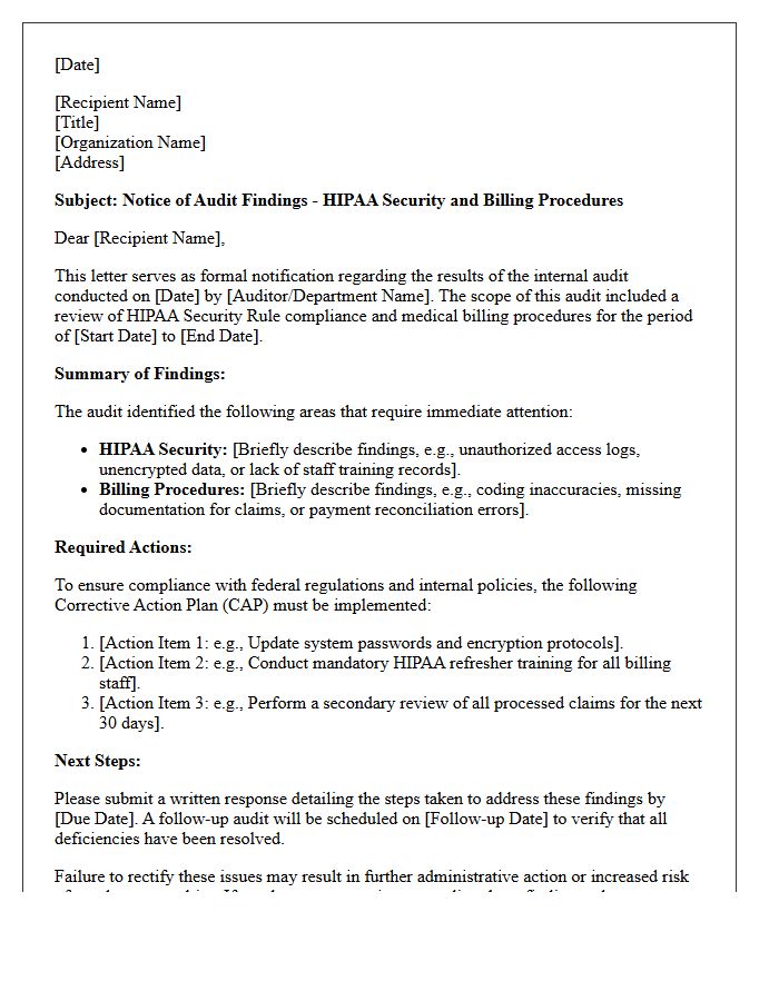 Audit Findings Letter on HIPAA Security and Billing Procedures