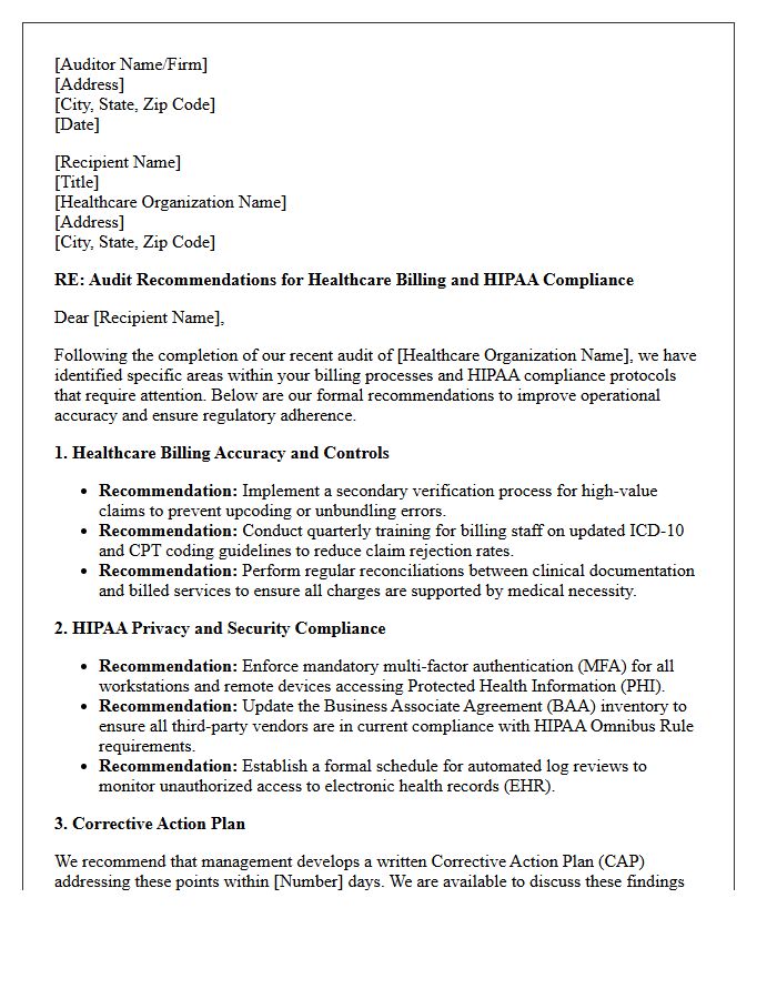 Auditor Recommendations Letter on Healthcare Billing and HIPAA Compliance