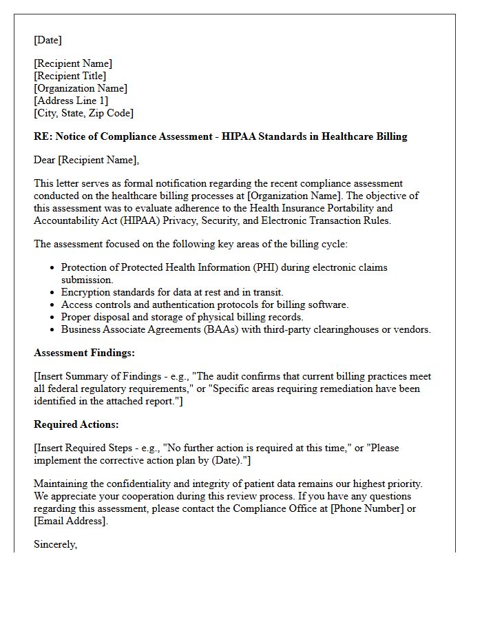 Compliance Assessment Letter on HIPAA Standards in Healthcare Billing