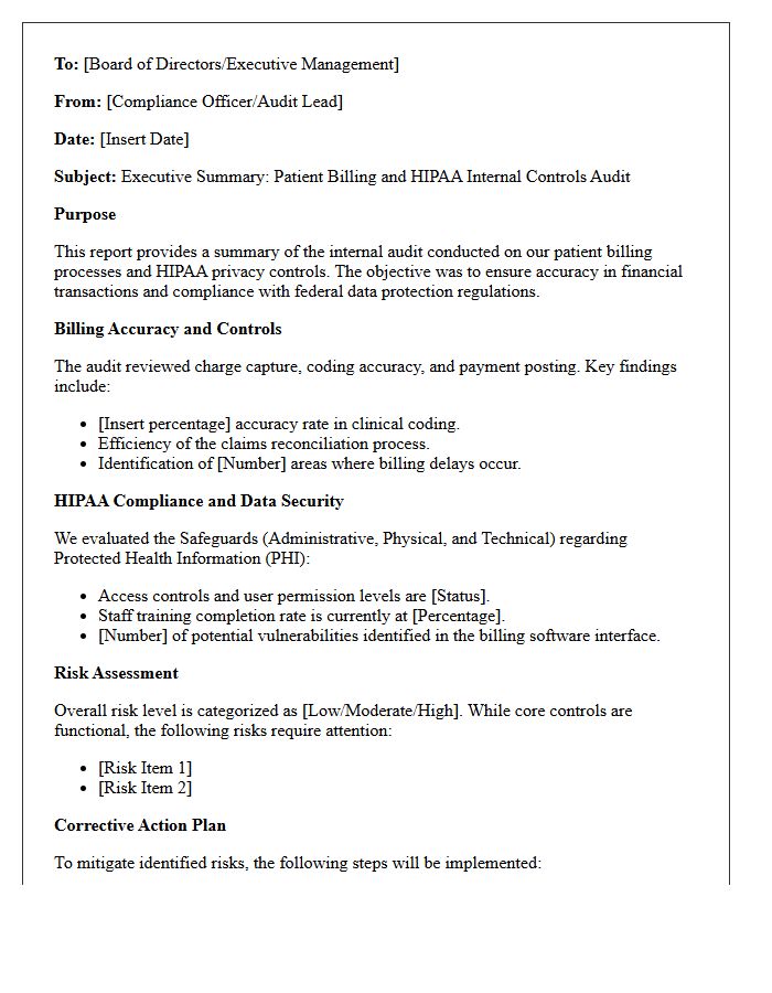 Executive Summary Letter on Patient Billing and HIPAA Internal Controls