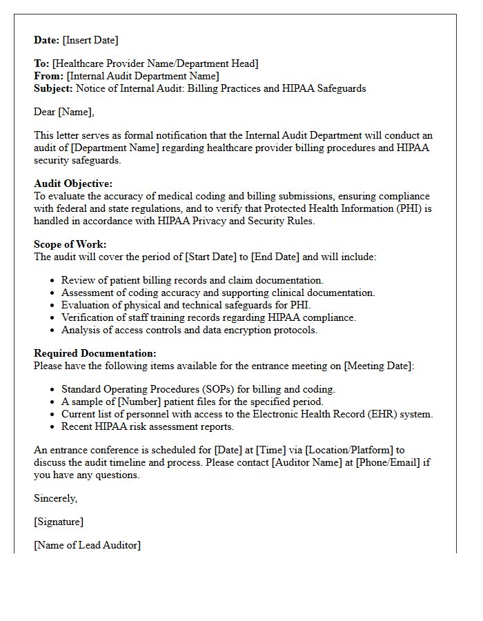 Internal Audit Letter on Healthcare Provider Billing and HIPAA Safeguards