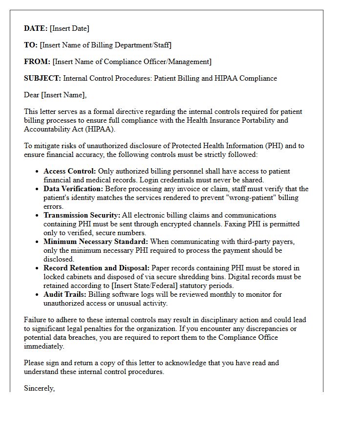 Internal Control Letter Regarding Patient Billing and HIPAA Regulations