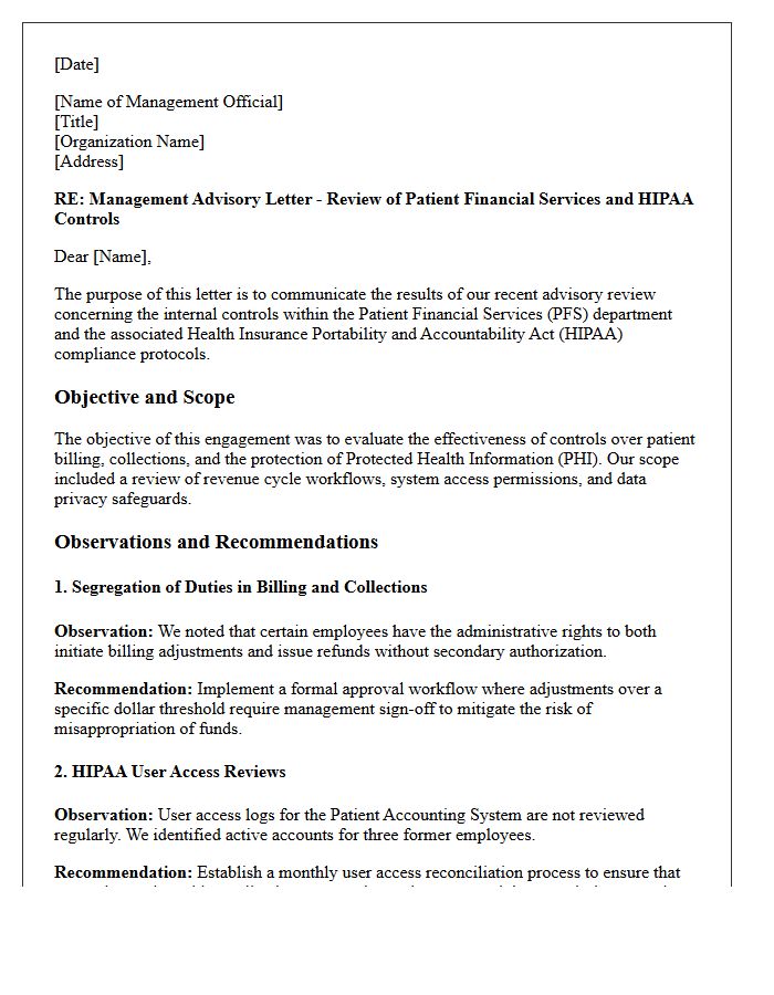 Management Advisory Letter on Patient Financial Services and HIPAA Controls