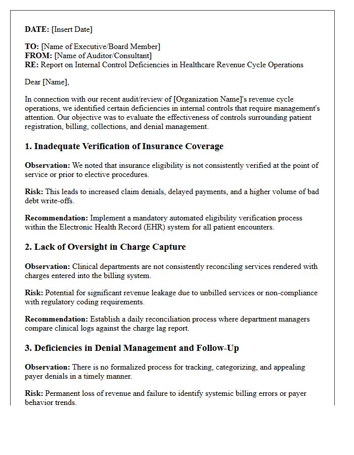 Management Deficiencies Letter on Healthcare Revenue Cycle Controls