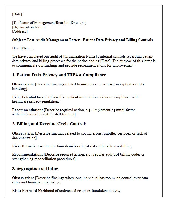 Post-Audit Management Letter on Patient Data Privacy and Billing Controls