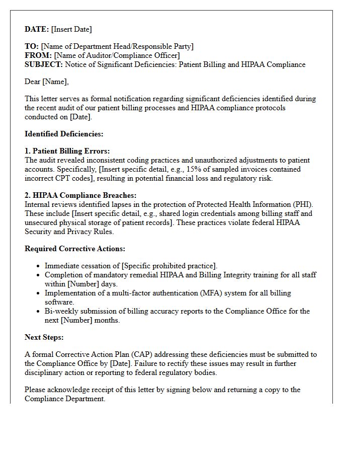 Significant Deficiencies Letter in Patient Billing and HIPAA Compliance
