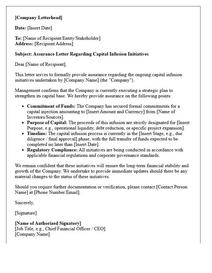 Assurance Letter on Capital Infusion Initiatives