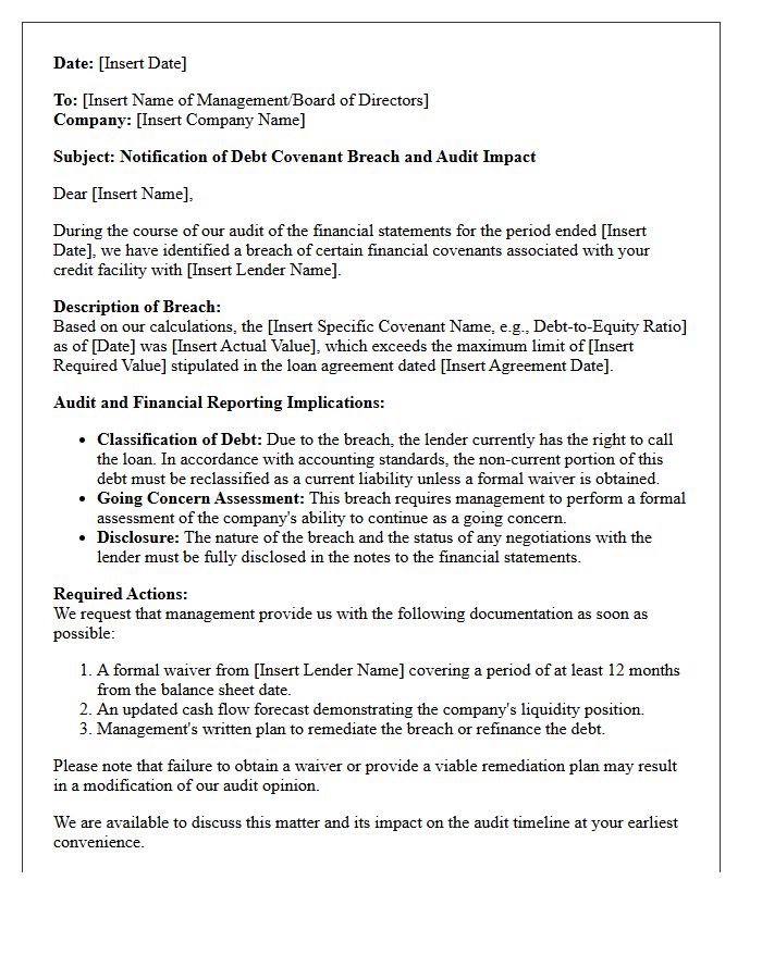 Audit Communication Letter on Debt Covenant Breaches