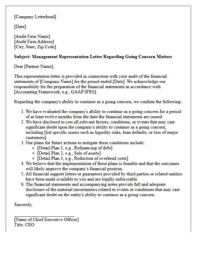 Client Representation Letter on Going Concern Matters