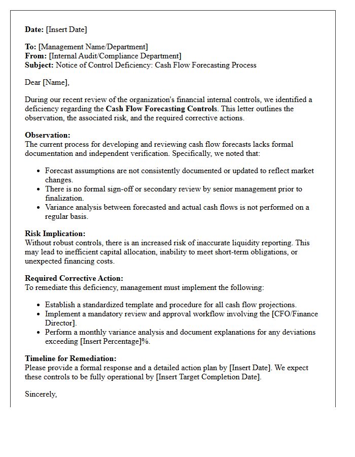 Deficiency Letter on Cash Flow Forecasting Controls