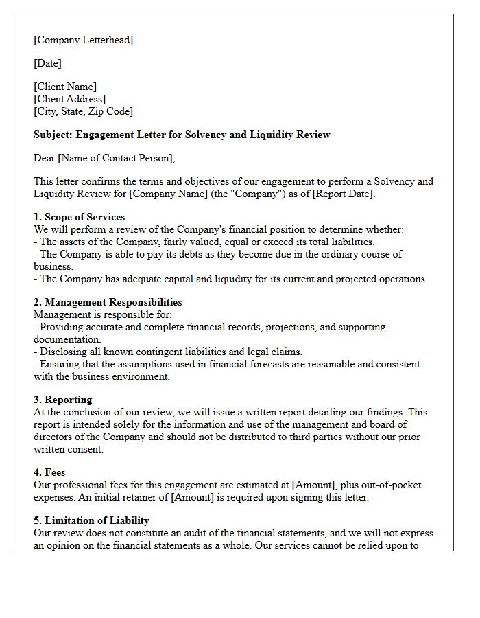 Engagement Letter for Solvency and Liquidity Review