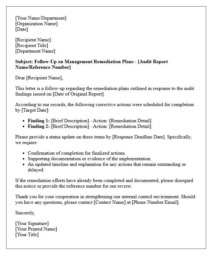 Follow-Up Letter on Management Remediation Plans