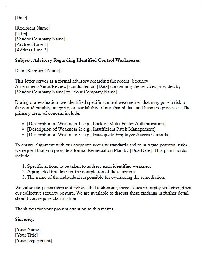 Advisory Letter on Third-Party Vendor Control Weaknesses