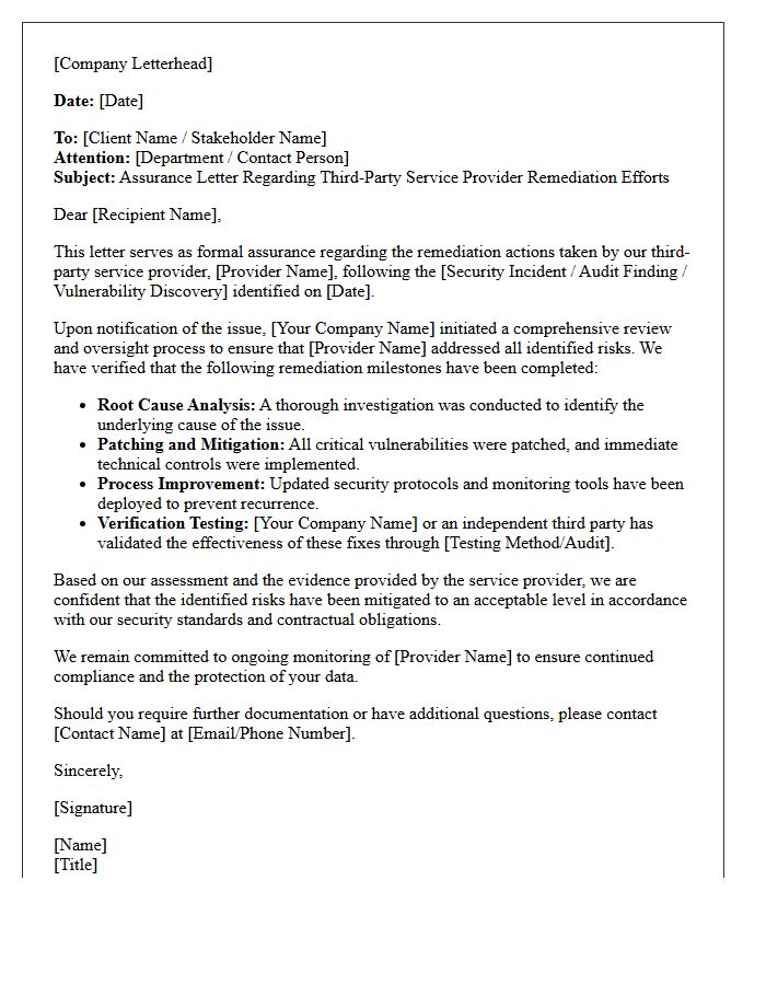Assurance Letter on Third-Party Service Provider Remediation Efforts