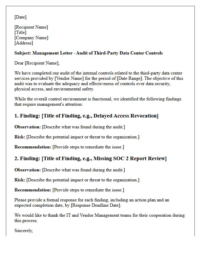 Audit Management Letter on Third-Party Data Center Control Findings