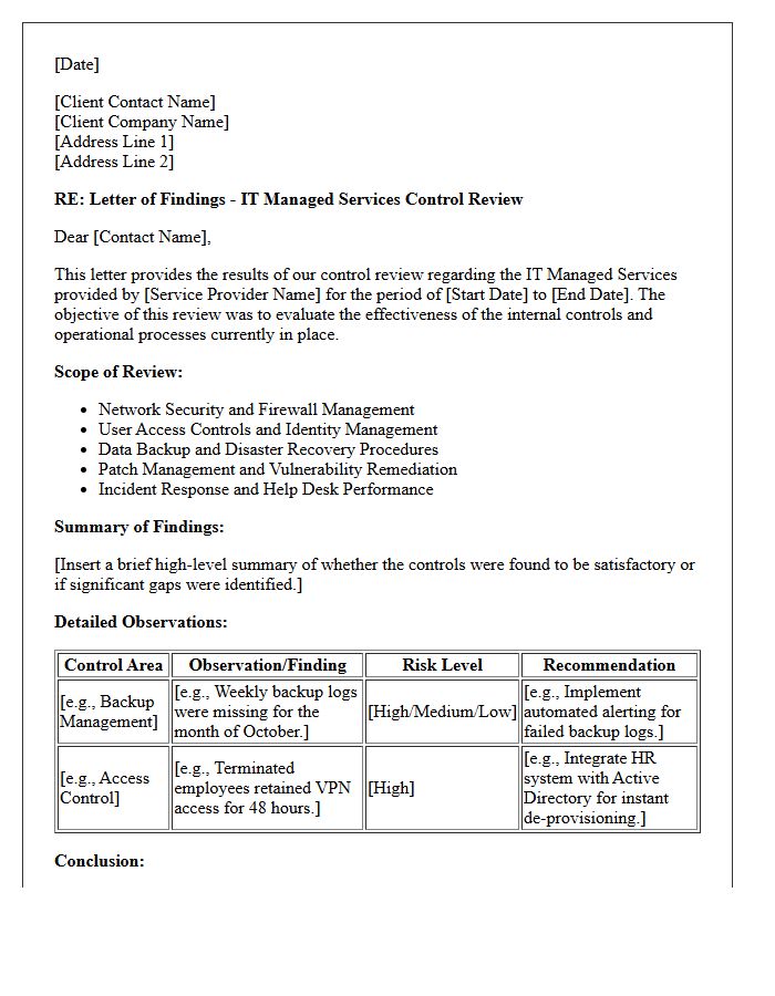 Letter of Findings Regarding IT Managed Services Control Review