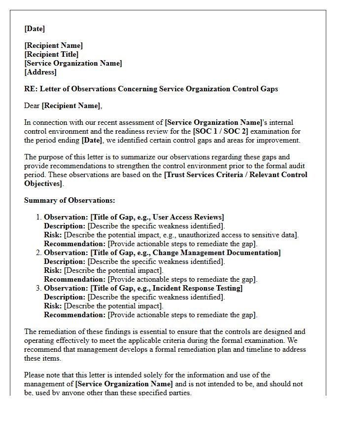Letter of Observations Concerning Service Organization Control Gaps