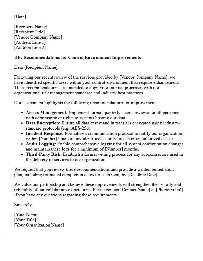 Letter of Recommendations for Vendor Control Environment Improvements