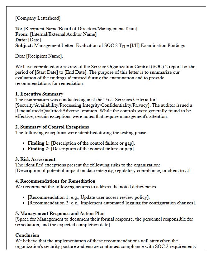 Management Letter on Evaluation of SOC 2 Review Findings