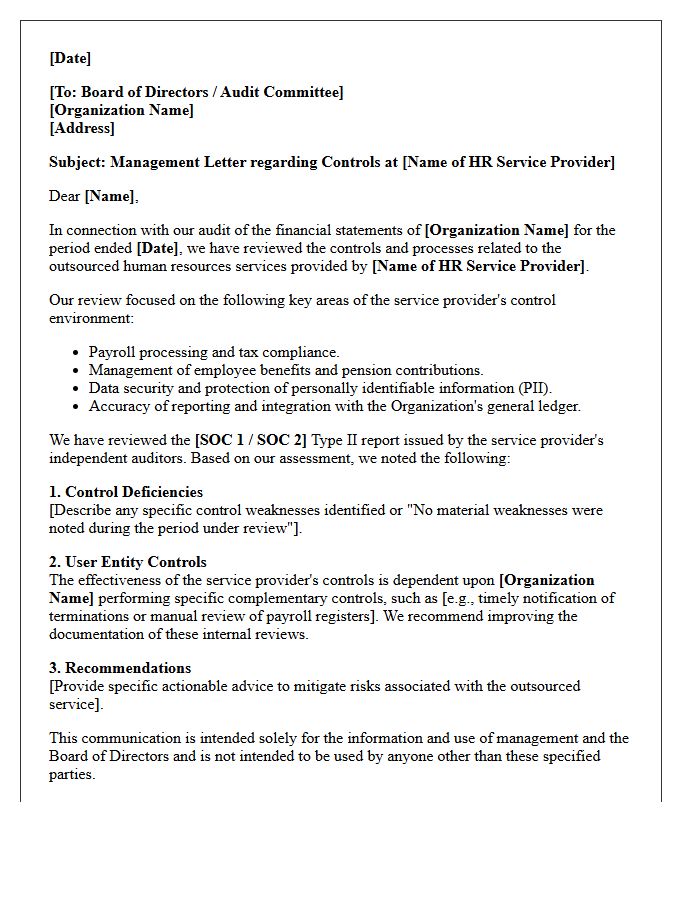 Management Letter on Outsourced Human Resources Service Organization Controls