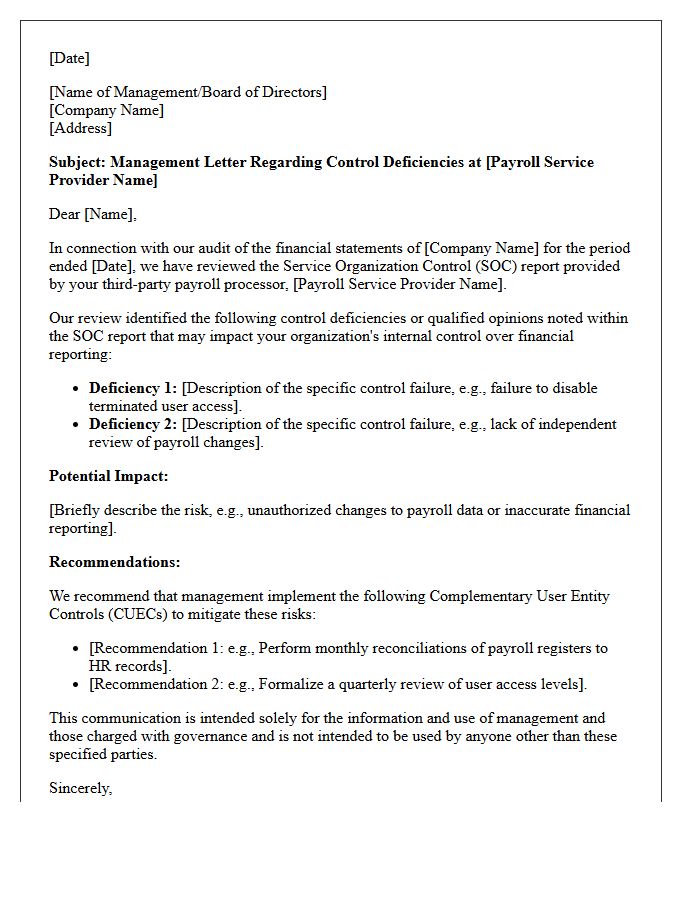 Management Letter on Payroll Service Organization Control Deficiencies