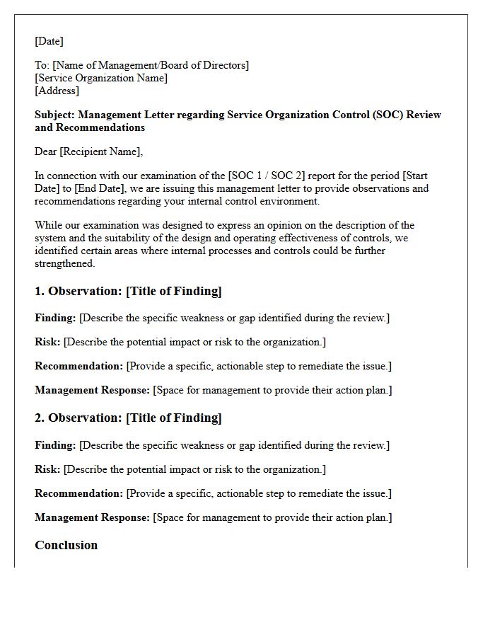 Management Letter on Service Organization Control Review and Recommendations