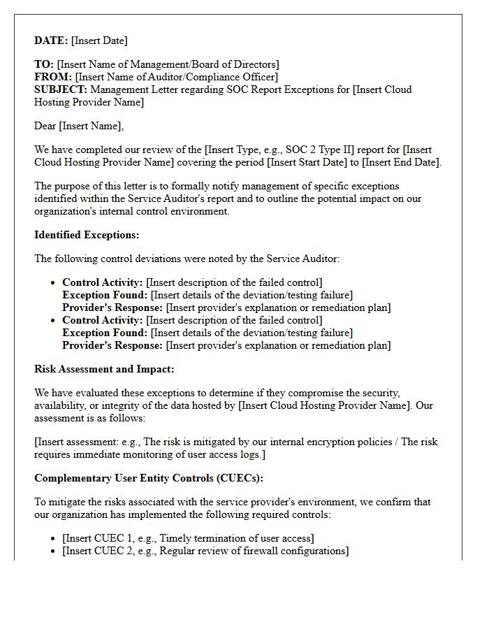 Management Letter on SOC Report Exceptions for Cloud Hosting Providers