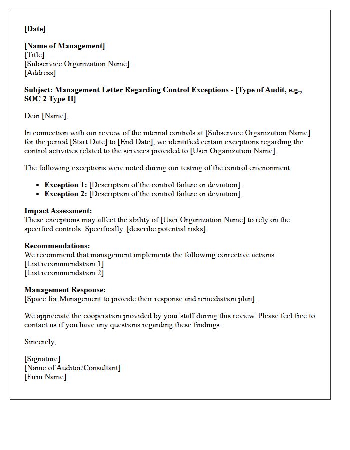 Management Letter on Subservice Organization Control Review Exceptions