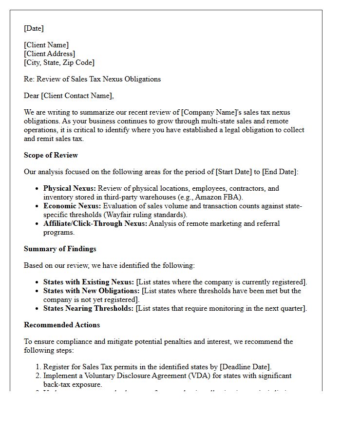 Accounting Firm Review Letter of Sales Tax Nexus Obligations