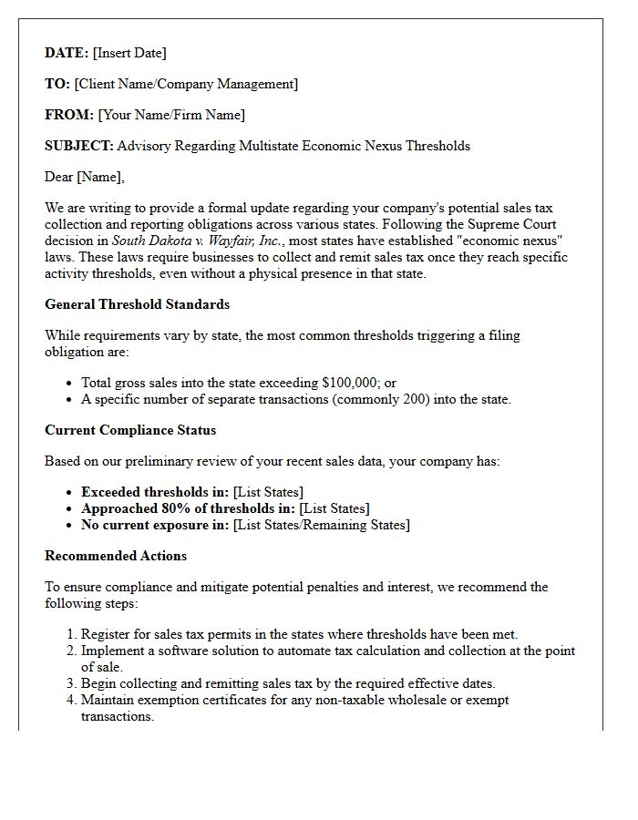 Advisory Letter Regarding Multistate Economic Nexus Thresholds
