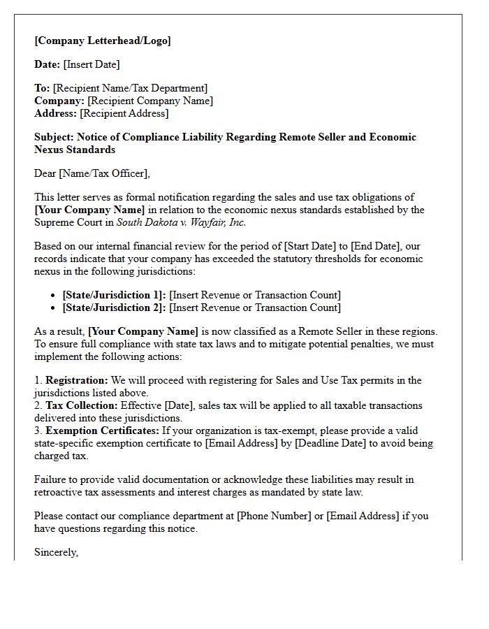 Compliance Letter on Remote Seller and Economic Nexus Liabilities