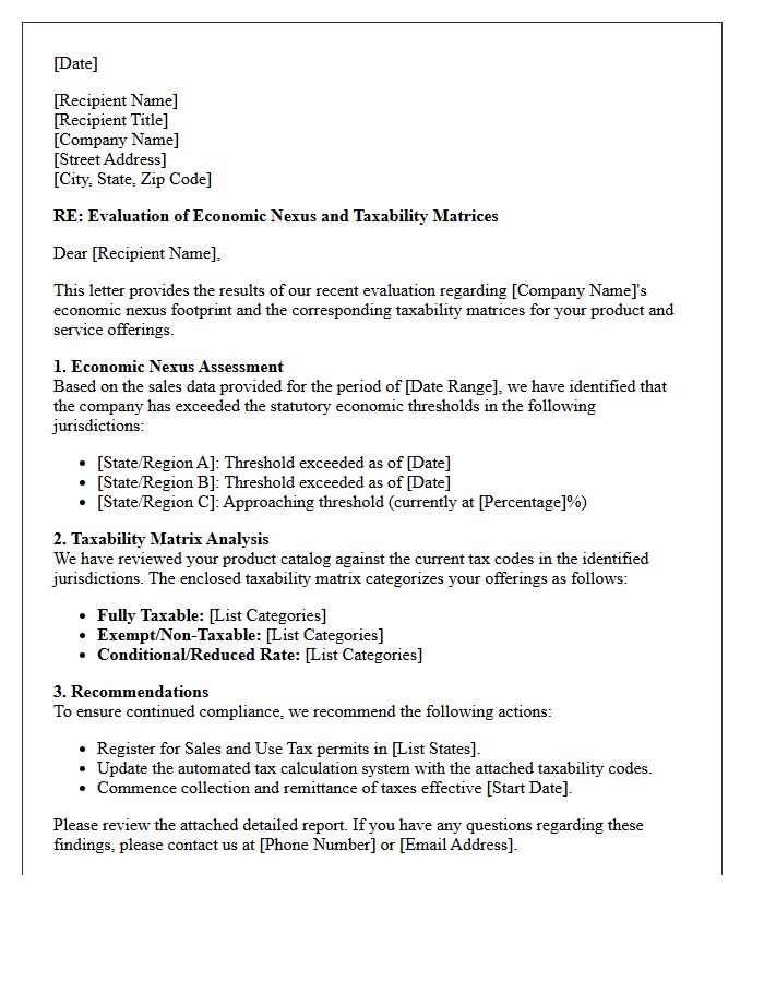 Evaluation Letter of Economic Nexus and Taxability Matrices