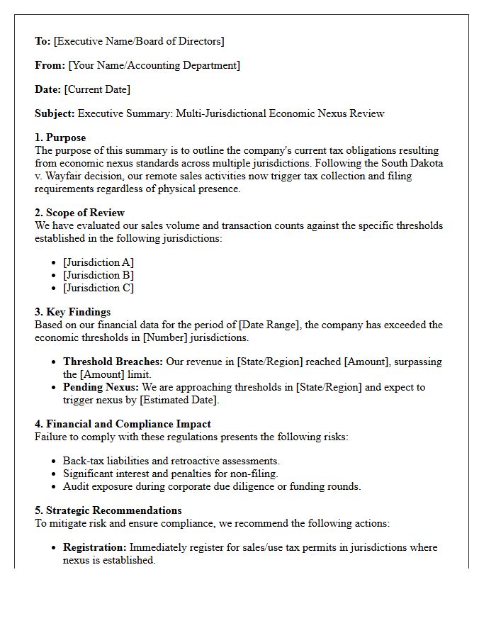 Executive Summary Letter on Multi-Jurisdictional Economic Nexus