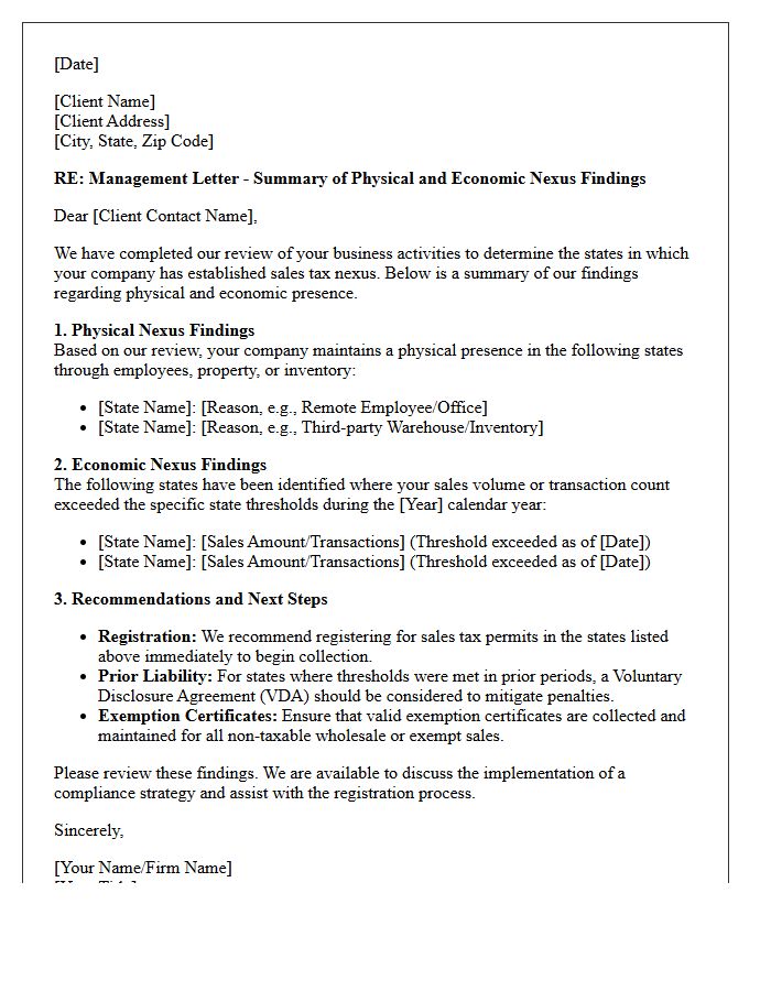 Management Letter Detailing Physical and Economic Nexus Findings