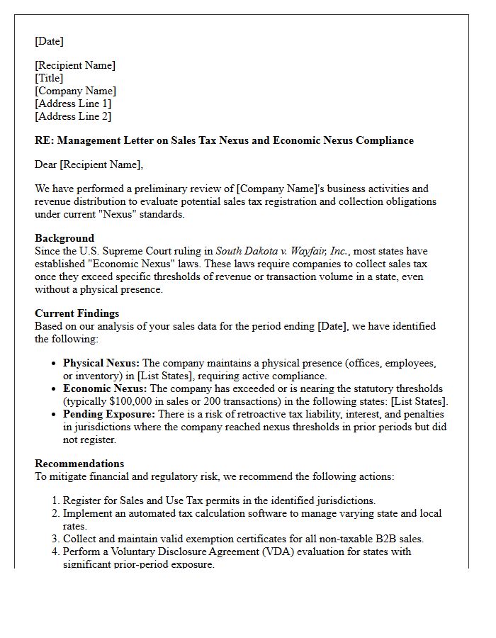 Management Letter on Sales Tax Nexus and Economic Nexus Compliance