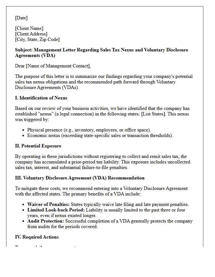 Management Letter on Sales Tax Nexus and Voluntary Disclosure Agreements
