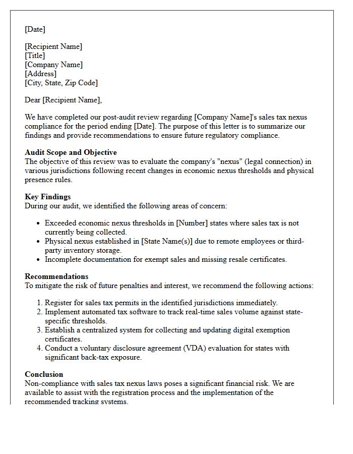 Post-Audit Management Letter on Sales Tax Nexus Compliance