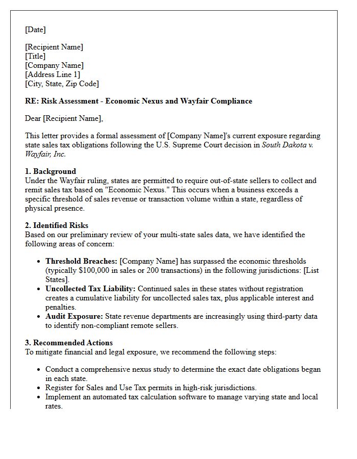 Risk Assessment Letter Regarding Economic Nexus and Wayfair Compliance