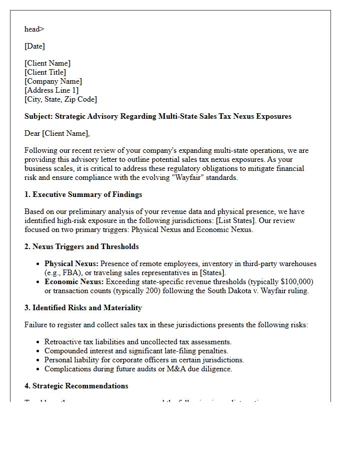 Strategic Advisory Letter on State Sales Tax Nexus Exposures