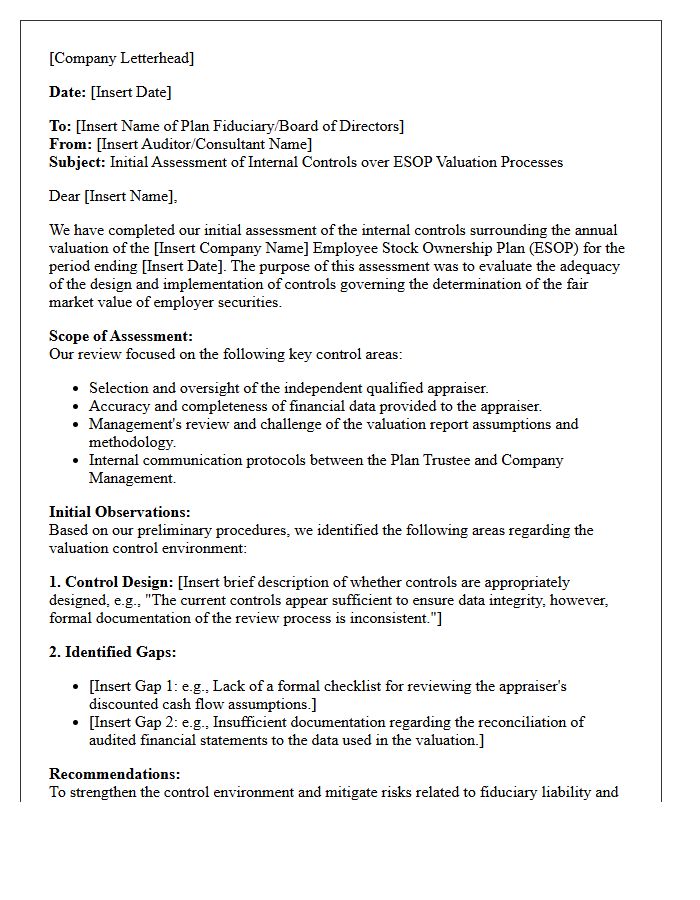 Initial Assessment Management Letter for Employee Stock Ownership Plan Valuation Controls