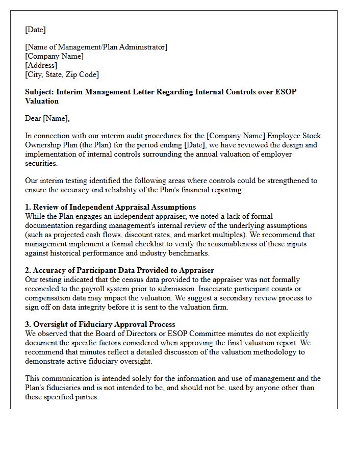 Interim Audit Management Letter on Employee Stock Ownership Plan Valuation Controls