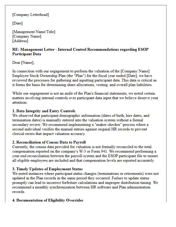Management Letter Concerning Participant Data Input Controls for Employee Stock Ownership Plan Valuation