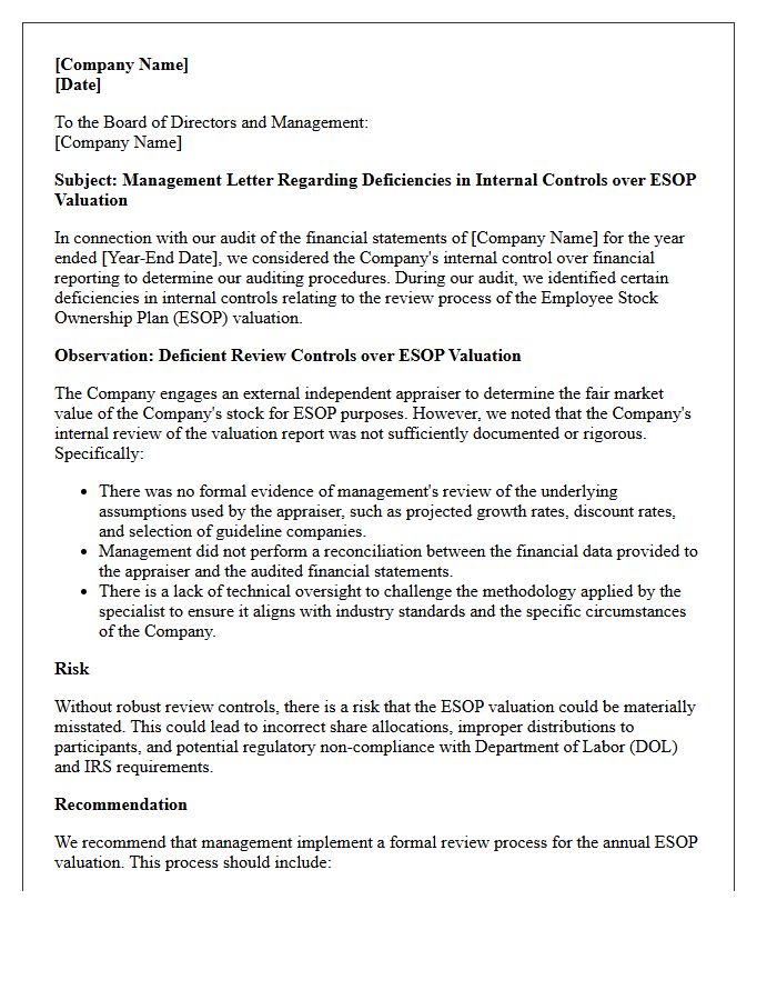 Management Letter Identifying Deficient Review Controls in Employee Stock Ownership Plan Valuation