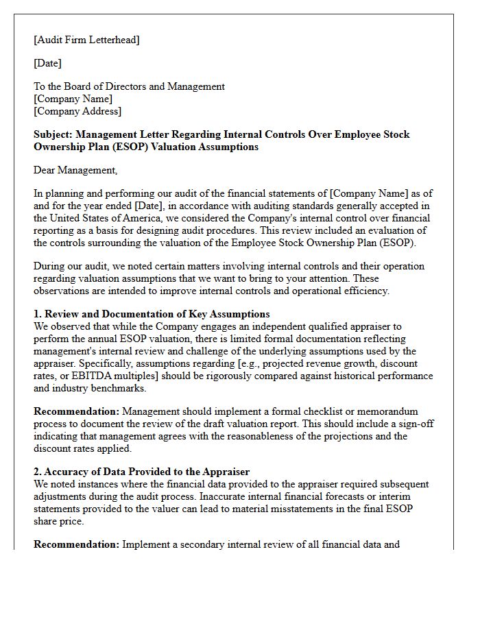 Management Letter on Internal Controls Over Employee Stock Ownership Plan Valuation Assumptions