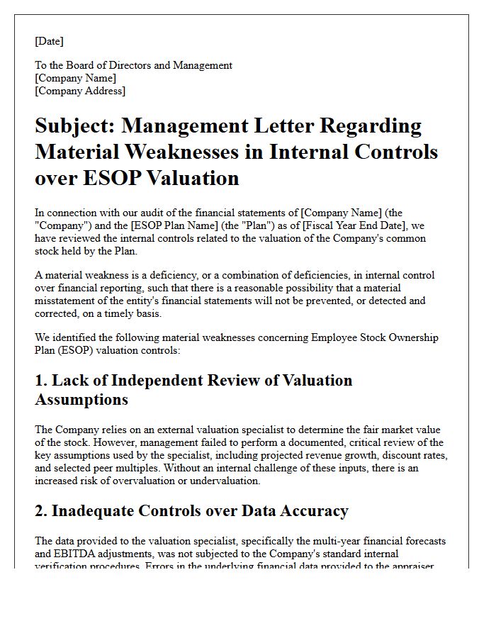 Management Letter on Material Weaknesses in Employee Stock Ownership Plan Valuation Controls