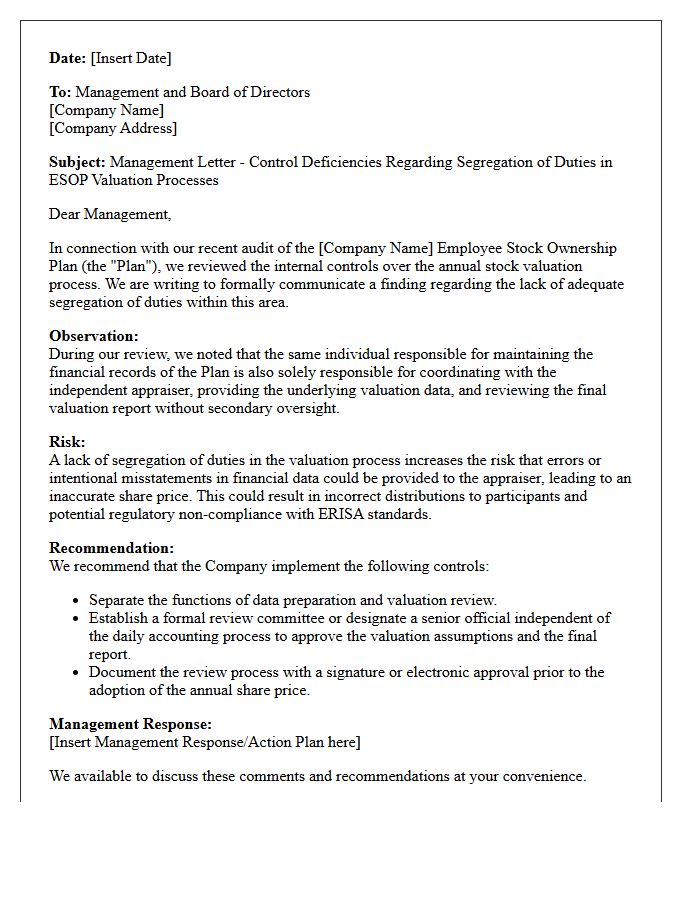 Management Letter on Segregation of Duties Within Employee Stock Ownership Plan Valuation Controls