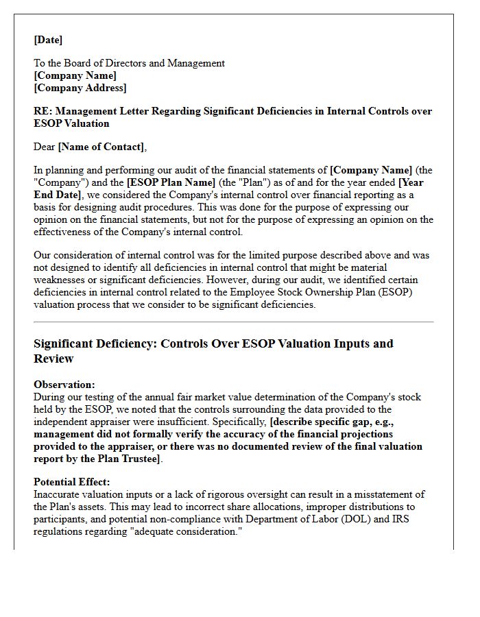 Management Letter on Significant Deficiencies Within Employee Stock Ownership Plan Valuation Controls