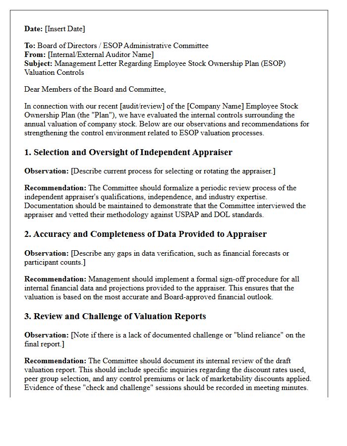 Management Letter Regarding Employee Stock Ownership Plan Valuation Controls