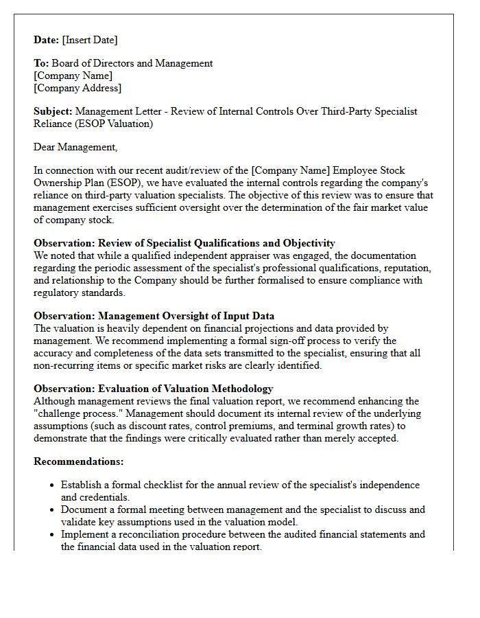 Management Letter Reviewing Controls Over Third-Party Specialist Reliance in Employee Stock Ownership Plan Valuation