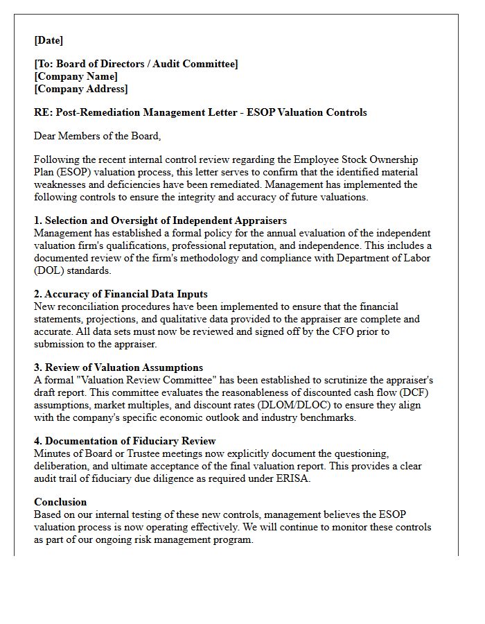 Post-Remediation Management Letter on Employee Stock Ownership Plan Valuation Controls